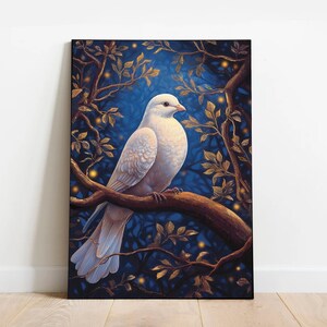 May include: A white dove perched on a branch with golden leaves against a dark blue background. The dove has a white body with gray markings and a long tail. The background is filled with glowing lights.