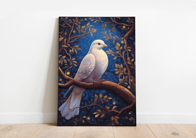 May include: A white dove perched on a branch with golden leaves against a dark blue background. The dove has a white body with gray markings and a long tail. The background is filled with glowing lights.