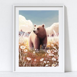 May include: A framed art print featuring a brown bear standing in a field of wildflowers. The bear is the focal point, set against a backdrop of a blue sky with fluffy clouds. The artwork has a soft, painterly style.