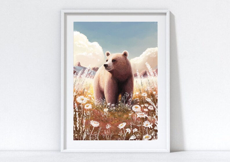 May include: A framed art print featuring a brown bear standing in a field of wildflowers. The bear is the focal point, set against a backdrop of a blue sky with fluffy clouds. The artwork has a soft, painterly style.
