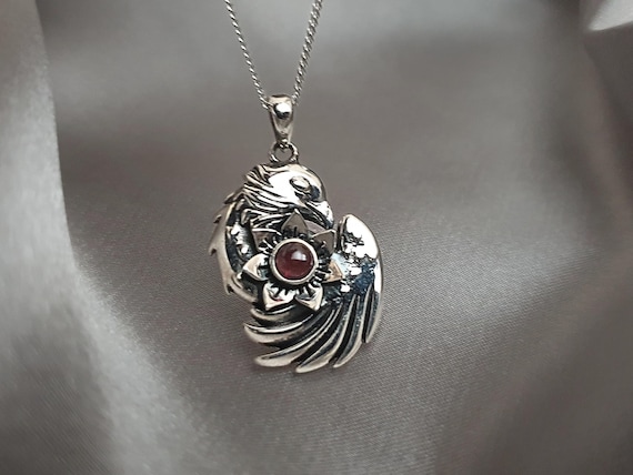925 Sterling Silver Sleeping Phoenix Pendant - Garnet necklace - Phonix - Silver garnet pendant - gift for her - by SERENUM