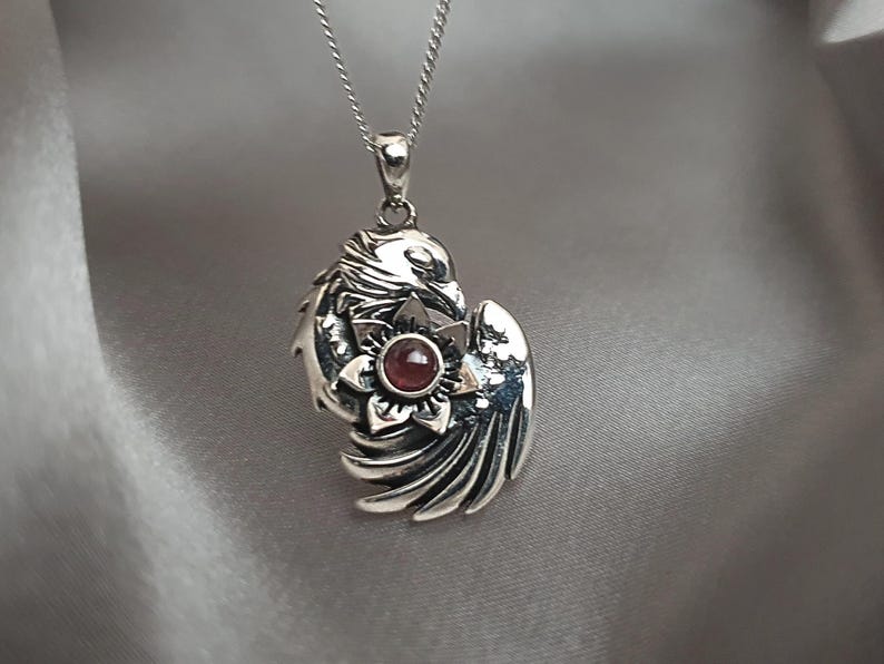925 Sterling Silver Sleeping Phoenix Pendant - Garnet necklace - Phonix - Silver garnet pendant - gift for her - by SERENUM image 1