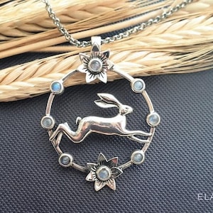 Last One! 925 Sterling Silver Leaping Hare Pendant - Natural Gemstone jewelry - Gift for her -  Bunny jewelry -Moonstone Amulet