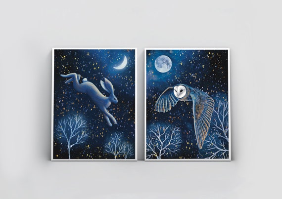 Set of 2 prints - Owl and Hare art - Dreamy Art - Wildlife poster - Night Hare Moon art - Midnight Owl print - Barn owl art print A5 A4 A3