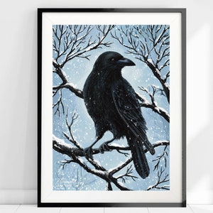 May include: A black crow perched on a snow-covered branch in a wintery forest. The crow is facing right and has its wings folded. The background is a light blue sky with falling snow.