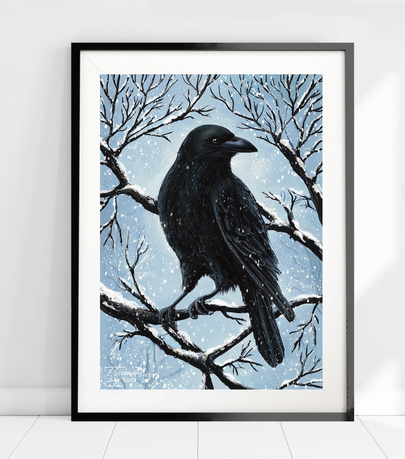 May include: A black crow perched on a snow-covered branch in a wintery forest. The crow is facing right and has its wings folded. The background is a light blue sky with falling snow.