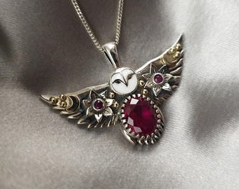 LAST ONE! Silver and 18K gold Owl Pendant - Natural Ruby jewelry - Owl necklace -  Cute owl pendant - Spiritual owl pendant - Moon crescents