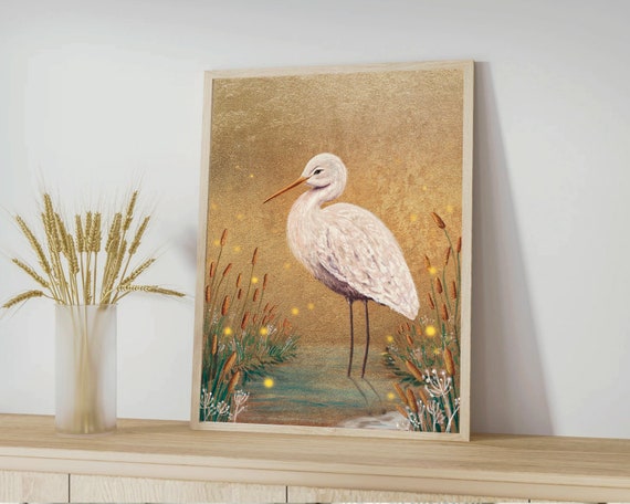 A5 A4 Limited Edition Gold Original Art print - Lonely Watcher - Stork art print - Night lake art - Fantasy Poster Whimsical - Woodlands art