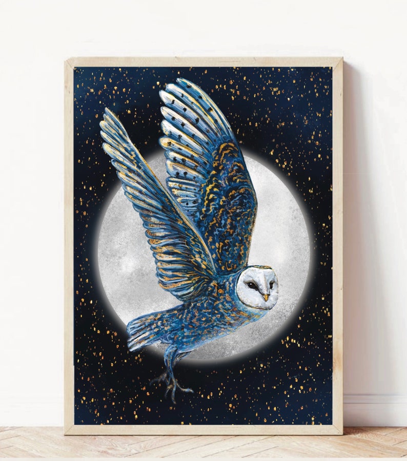 May include: A blue and gold owl with white feathers flies in front of a full moon against a dark blue background with gold glitter.
