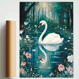 May include: A white swan with a long neck floats in a pond surrounded by green trees and white flowers. The swan's reflection is visible in the water.