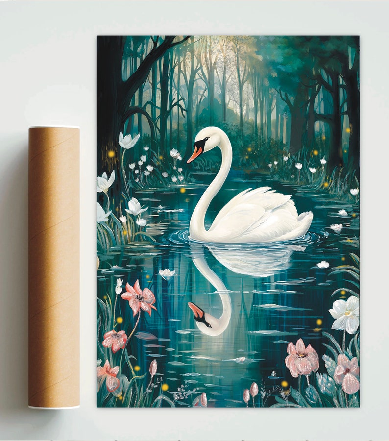 May include: A white swan with a long neck floats in a pond surrounded by green trees and white flowers. The swan's reflection is visible in the water.