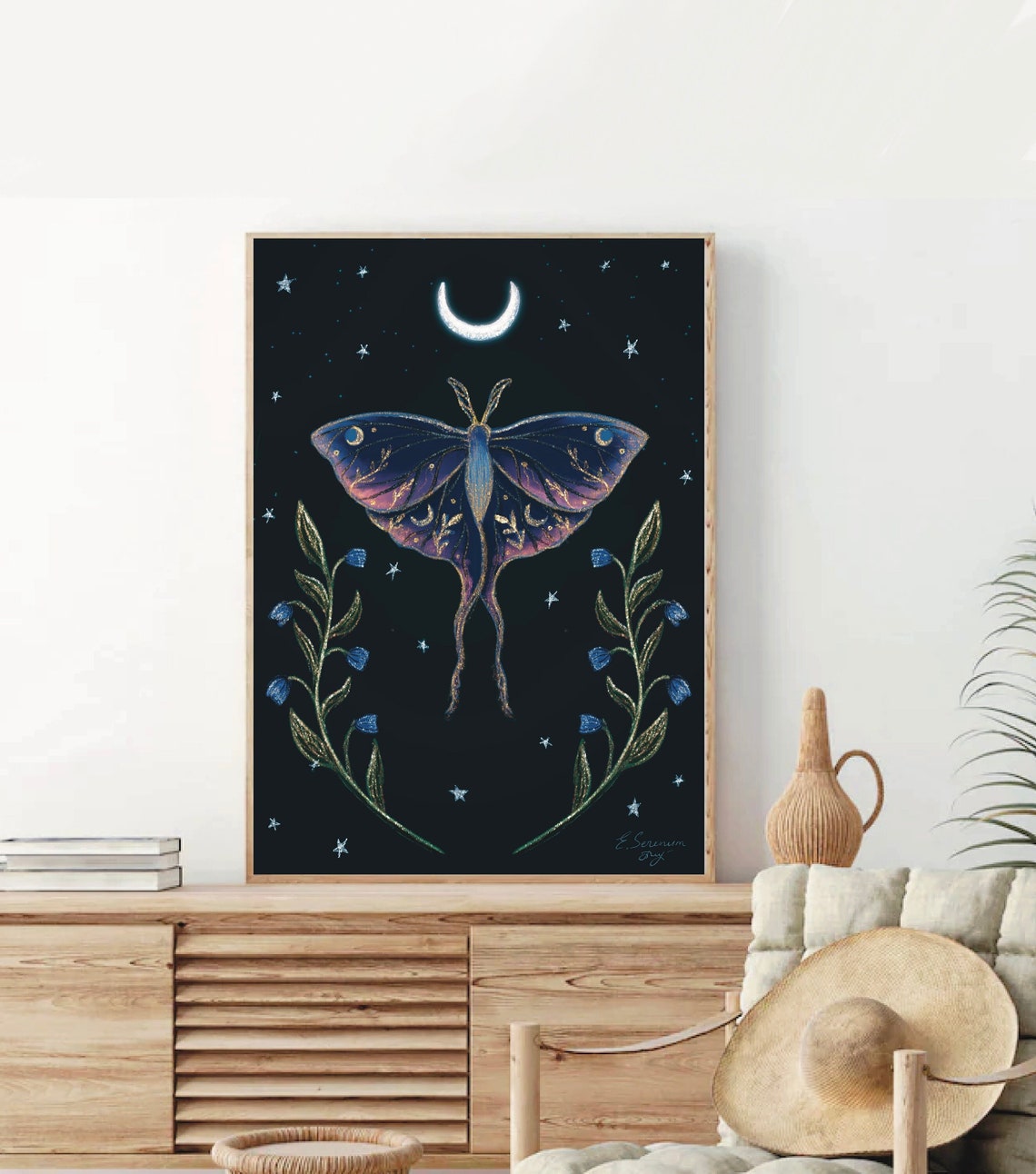 Instant Download - Mystical Moth and Moon Crescent Art - Celestial Wall ...