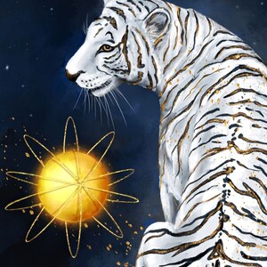 May include: A white tiger with gold stripes sits against a dark blue background with gold stars. A large, glowing, gold sun with a gold circle design is behind the tiger.