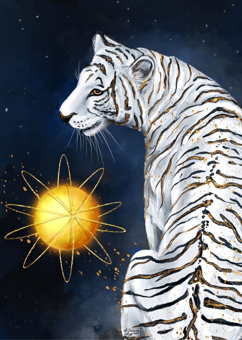 May include: A white tiger with gold stripes sits against a dark blue background with gold stars. A large, glowing, gold sun with a gold circle design is behind the tiger.