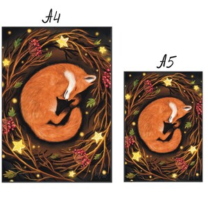 May include: A digital illustration of a red fox curled up asleep in a wreath of branches with red berries and glowing stars. The background is dark brown.