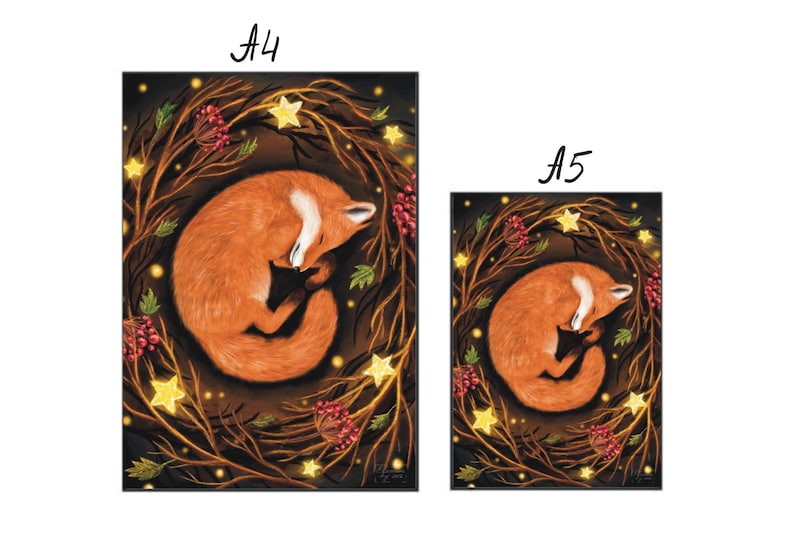 May include: A digital illustration of a red fox curled up asleep in a wreath of branches with red berries and glowing stars. The background is dark brown.