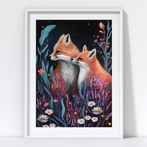 Stampa volpe A4 A5 - Arte murale volpe - Decorazione per la casa - Regalo volpe - Arte murale bosco - Stampa fauna selvatica - Regalo primaverile - Arte forestale - Due volpi amano immagine 4