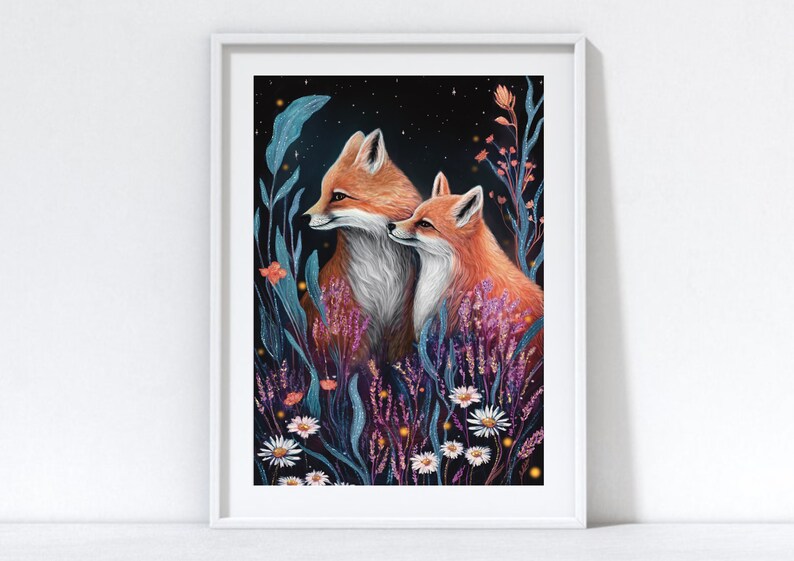 Stampa volpe A4 A5 - Arte murale volpe - Decorazione per la casa - Regalo volpe - Arte murale bosco - Stampa fauna selvatica - Regalo primaverile - Arte forestale - Due volpi amano immagine 4