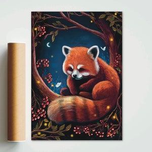 May include: A rolled-up poster featuring a digital illustration of a red panda sleeping in a tree. The artwork has a dark blue background with a crescent moon, butterflies, and glowing lights. The red panda has orange fur and a striped tail.