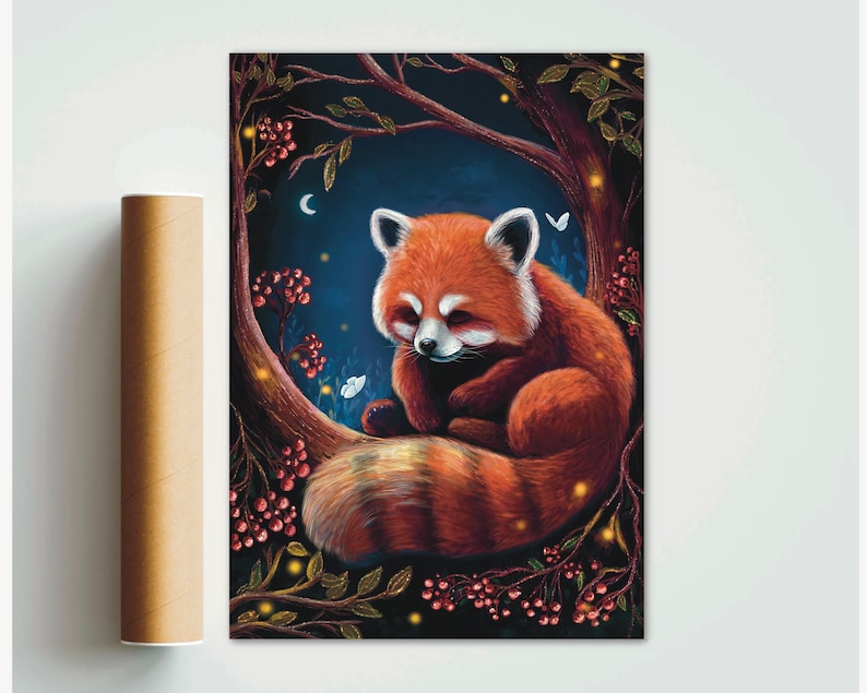 May include: A rolled-up poster featuring a digital illustration of a red panda sleeping in a tree. The artwork has a dark blue background with a crescent moon, butterflies, and glowing lights. The red panda has orange fur and a striped tail.