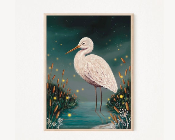 A5 A4 Original Art print - Lonely Watcher - Stork art print - Night lake art - Fantasy Art poster Whimsical art - Woodlands art - Sage green