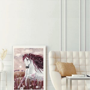 May include: A white horse with a long, flowing mane of purple and white hair stands in a field of purple flowers. The horse is looking to the left, and the background is a soft, pink sky.