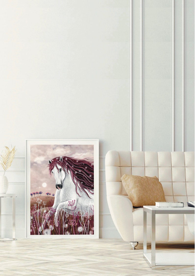 May include: A white horse with a long, flowing mane of purple and white hair stands in a field of purple flowers. The horse is looking to the left, and the background is a soft, pink sky.