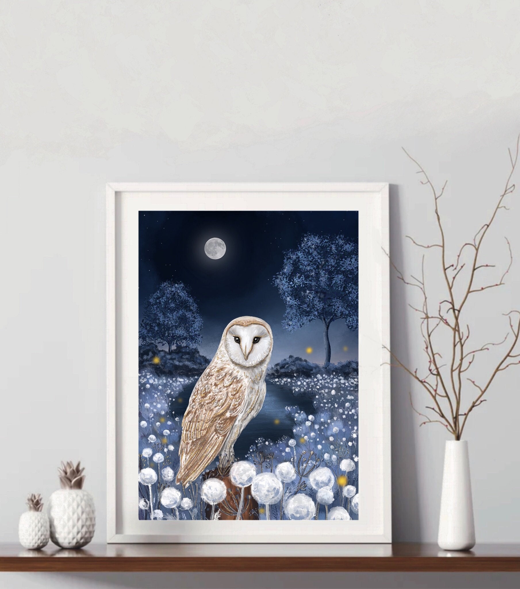 A5 A4 Dreamy Owl Art Print - Whimsical Night Landscape, Fantasy Wall ...