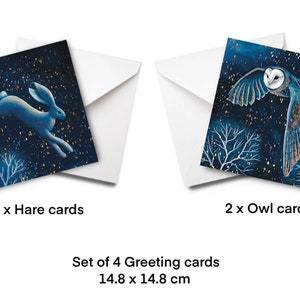 Lot de 4 - Cartes de voeux Magic Night Moon, hibou et lièvre - Cartes de voeux vierges - Cartes pour toutes les occasions 14,8 cm x 14,8 cm - Art folklorique de conte de fées