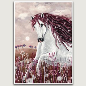 May include: A white horse with a long, flowing mane of pink and purple hair stands in a field of tall, thin, purple flowers. The horse has a white swirl pattern on its body and a pink nose. The background is a soft, pink and purple sky with a white sun.
