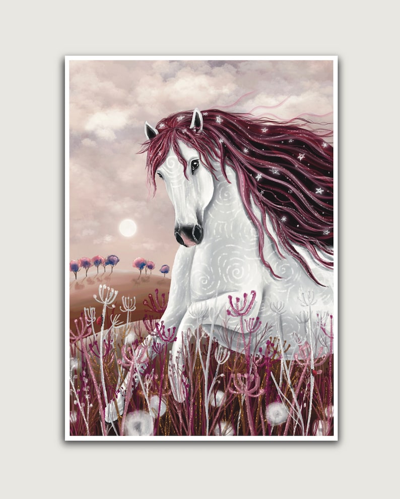 May include: A white horse with a long, flowing mane of pink and purple hair stands in a field of tall, thin, purple flowers. The horse has a white swirl pattern on its body and a pink nose. The background is a soft, pink and purple sky with a white sun.