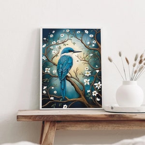 May include: A blue and white bird perched on a branch with white flowers. The bird is surrounded by a dark blue background with a soft glow.