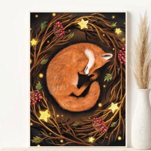 May include: A digital illustration of a red fox curled up asleep inside a wreath of branches with glowing stars and red berries.