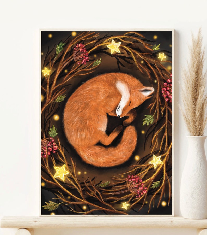 May include: A digital illustration of a red fox curled up asleep inside a wreath of branches with glowing stars and red berries.