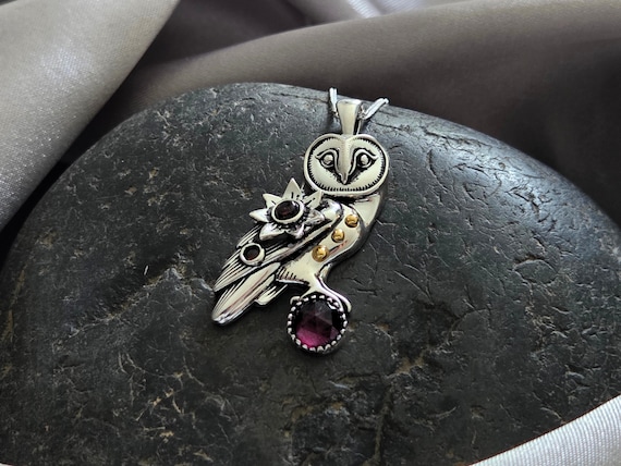 925 Sterling Silver Owl Pendant - Garnet jewelry - Garnet birthstone pendant - Cute owl pendant - birthstone pendant - Feminine owl necklace
