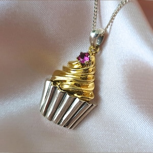 18k Gold and Silver Cupcake pendant - Sweet necklace - Sweet jewelry - Gift for her - Birthstone pendant - Muffin necklace - Sweets charm