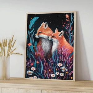 Stampa volpe A4 A5 - Arte murale volpe - Decorazione per la casa - Regalo volpe - Arte murale bosco - Stampa fauna selvatica - Regalo primaverile - Arte forestale - Due volpi amano immagine 3