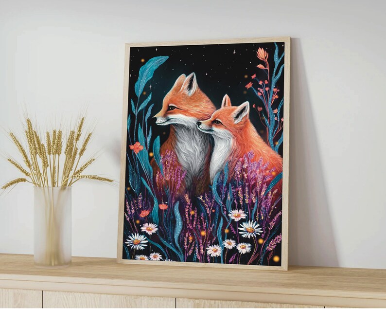 Stampa volpe A4 A5 - Arte murale volpe - Decorazione per la casa - Regalo volpe - Arte murale bosco - Stampa fauna selvatica - Regalo primaverile - Arte forestale - Due volpi amano immagine 3