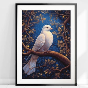 May include: A white dove perched on a branch with golden leaves against a dark blue background. The dove has a delicate, elegant appearance and is surrounded by glowing lights.