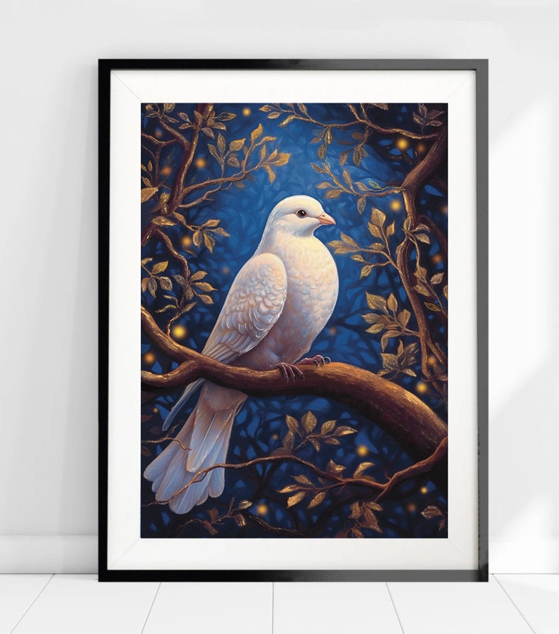 May include: A white dove perched on a branch with golden leaves against a dark blue background. The dove has a delicate, elegant appearance and is surrounded by glowing lights.