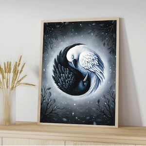 May include: A black and white yin yang symbol with a crow and a dove intertwined. The background is a dark blue with white stars.