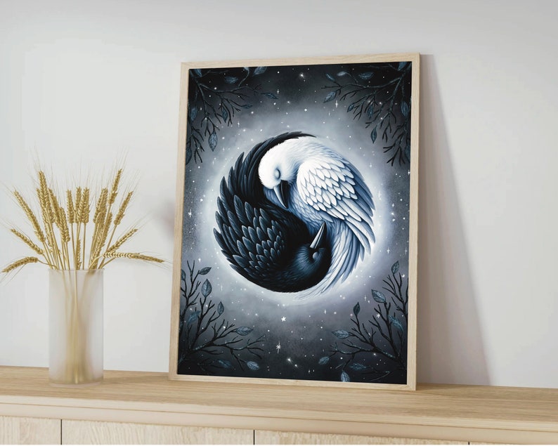 May include: A black and white yin yang symbol with a crow and a dove intertwined. The background is a dark blue with white stars.
