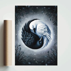 May include: A black and white raven and dove are intertwined in a yin yang symbol, with a starry night sky background. The birds are depicted in a realistic style with intricate details.