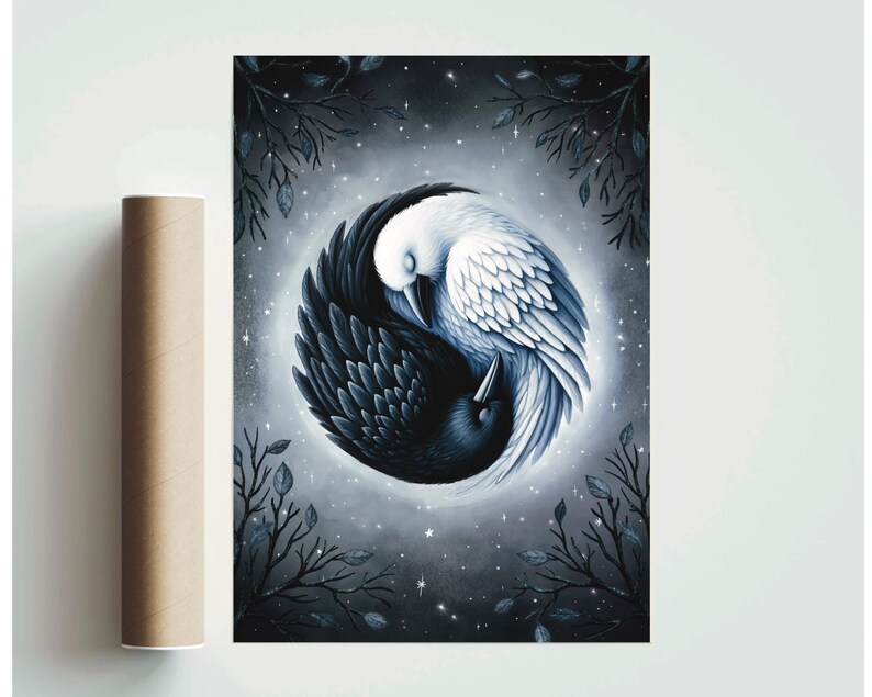 May include: A black and white raven and dove are intertwined in a yin yang symbol, with a starry night sky background. The birds are depicted in a realistic style with intricate details.