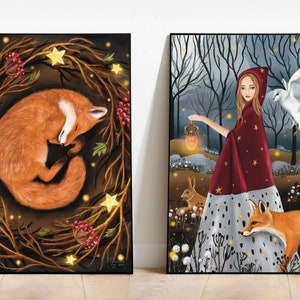 Set di 2 stampe in edizione limitata A5 A4 / Boschi / Arte forestale / Sognante / Arte di animali selvatici / Arte di volpe / Arte di lepre / Stampa artistica di gufo