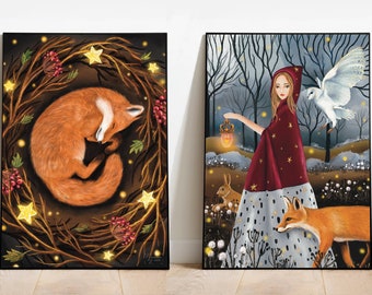 A5 A4 Set of 2 Limited Edition prints | Woodlands | Forest art | Dreamy | Wildlife animals art | Fox art | Hare art | Owl art print