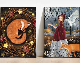 A2 A3 Set of 2 Large Fox prints | Woodlands | Forest art | Dreamy | Wildlife animals art | Fox art | Hare art | Owl art print