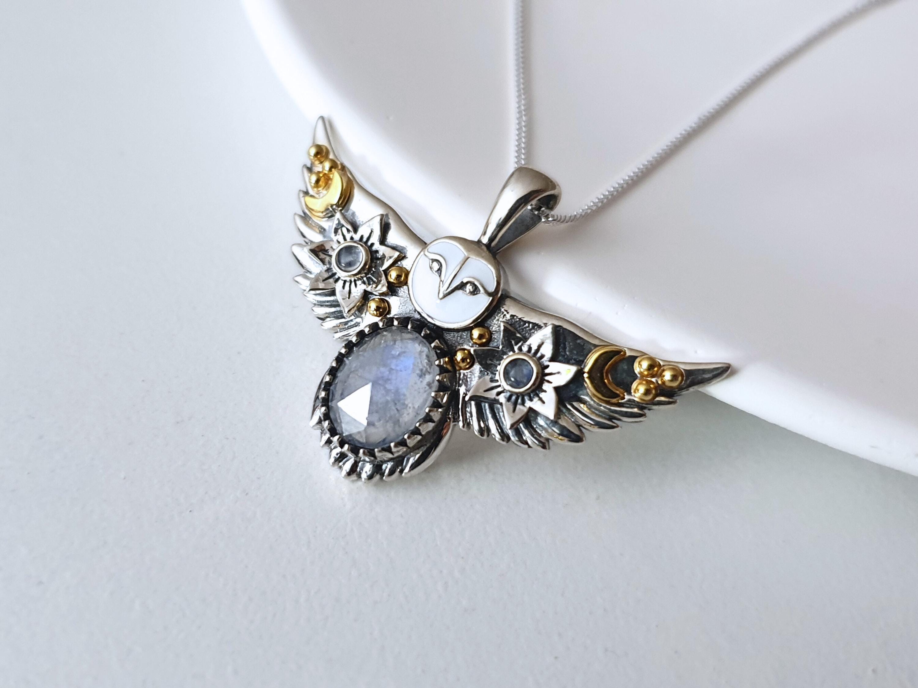 Silver and 18K gold Owl Pendant - Natural gemstone jewelry - Owl necklace -  Spiritual owl pendant -