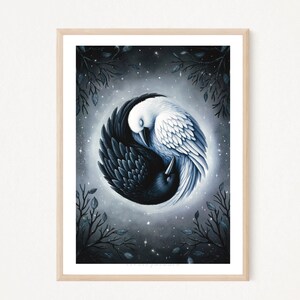 May include: A black and white raven illustration in a yin yang design against a dark blue starry background. The ravens are facing each other with their wings intertwined.