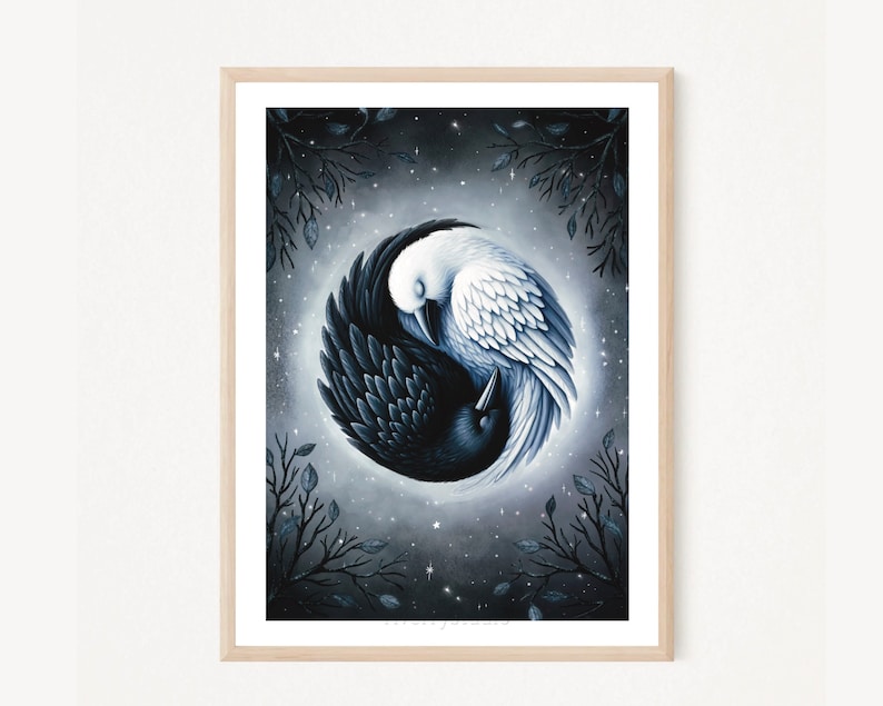 May include: A black and white raven illustration in a yin yang design against a dark blue starry background. The ravens are facing each other with their wings intertwined.